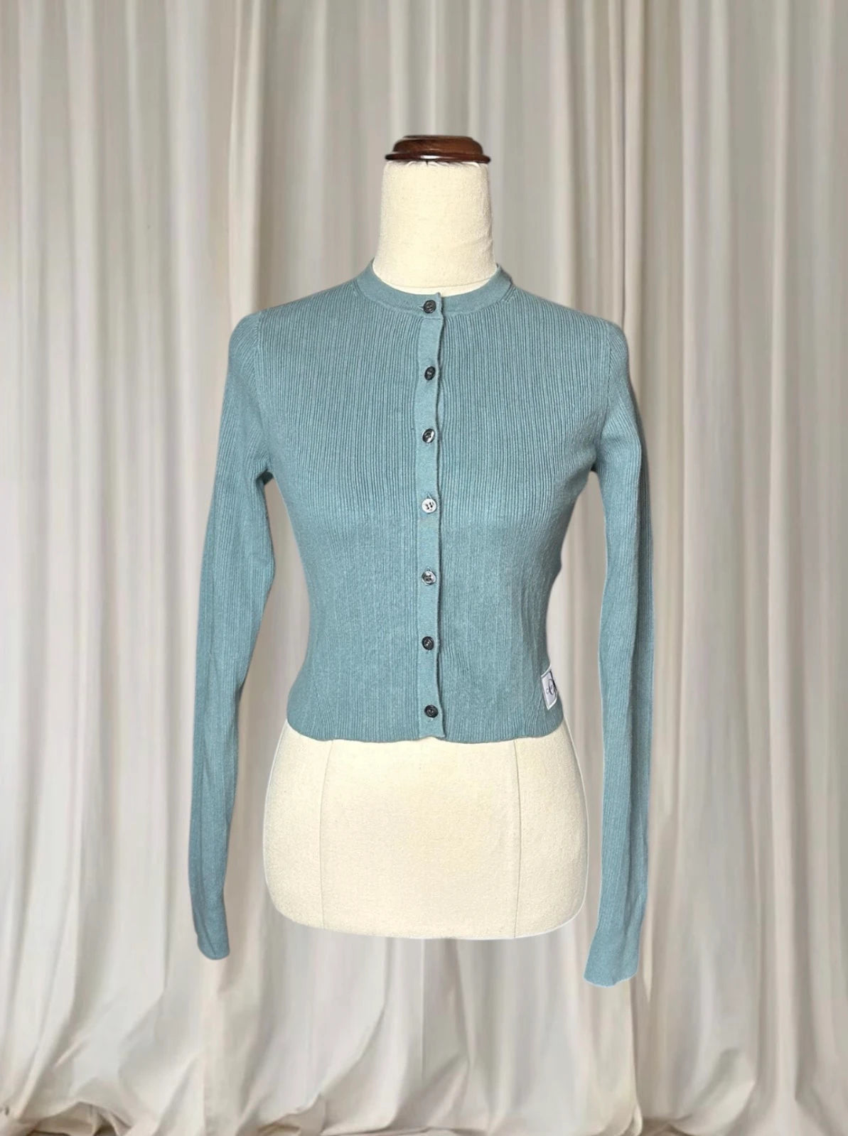 Calvin Klein Ribbed Button-Down Cardigan Long Sleeve - Blue Fitted Knit S - Image 3