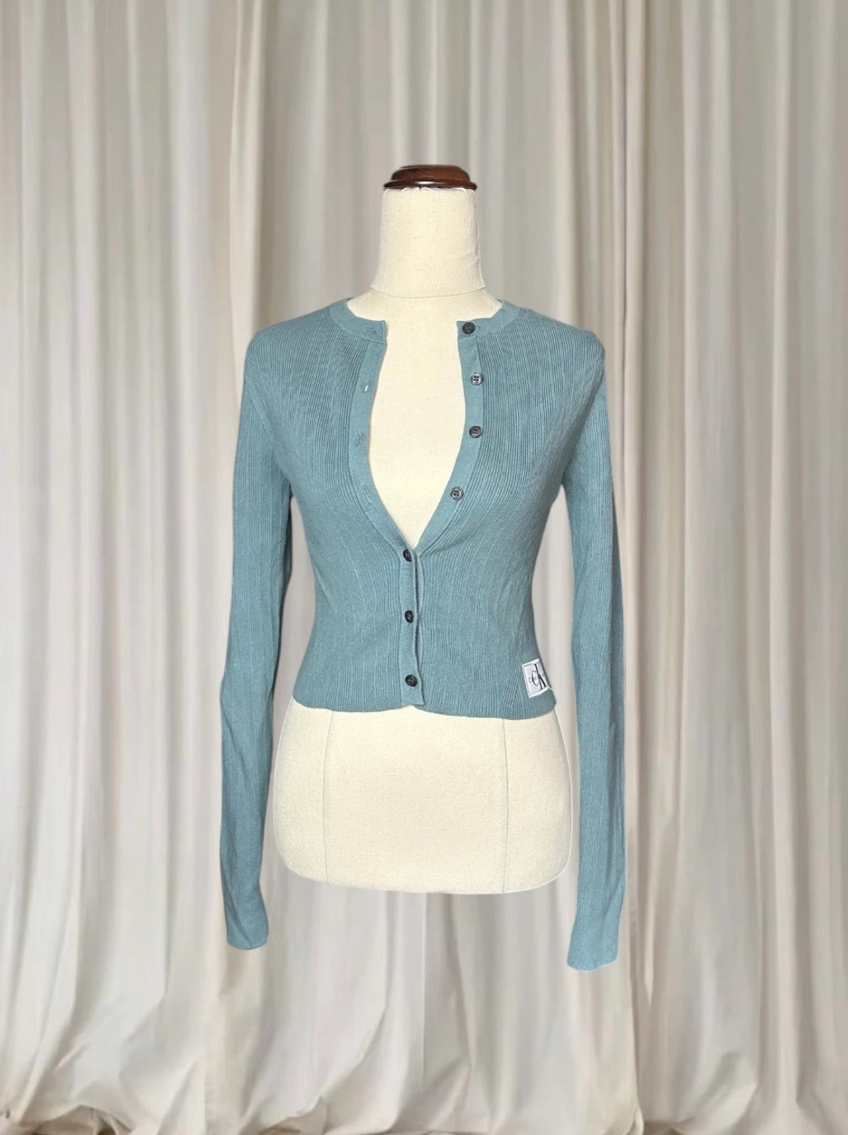 Calvin Klein Ribbed Button-Down Cardigan Long Sleeve - Blue Fitted Knit S - Image 1