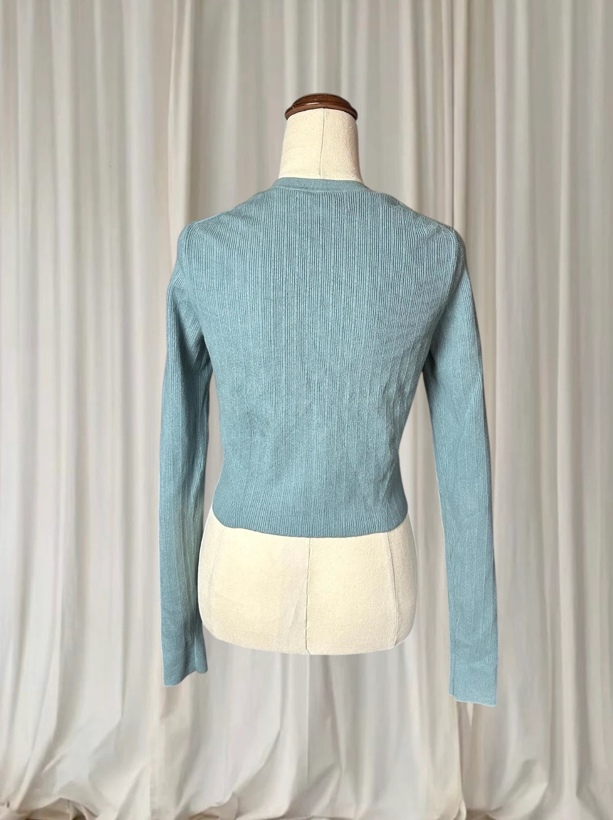 Calvin Klein Ribbed Button-Down Cardigan Long Sleeve - Blue Fitted Knit S - Image 6