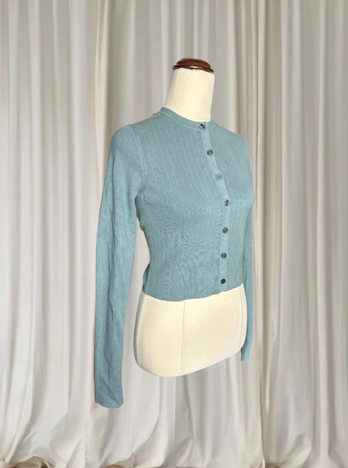 Calvin Klein Ribbed Button-Down Cardigan Long Sleeve - Blue Fitted Knit S - Image 5
