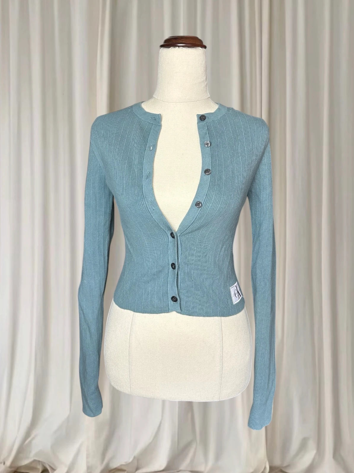 Calvin Klein Ribbed Button-Down Cardigan Long Sleeve - Blue Fitted Knit S - Image 2