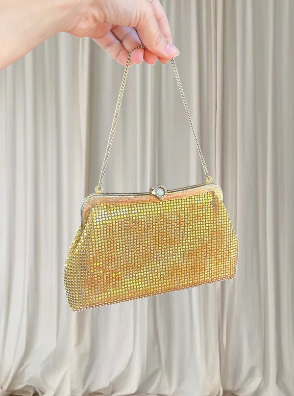 Vintage Evening Clutch Bag - Gold Tone Metal Mesh Glam Shoulder Bag - Image 1