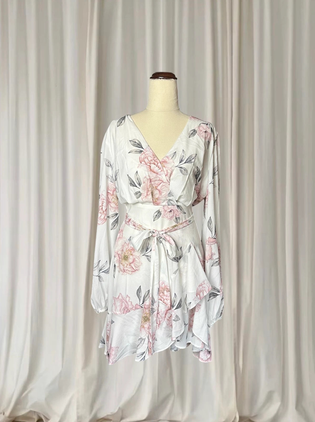 Floral Wrap Mini Dress - Long Sleeve White & Pink With Ruffled Hem M - Image 1