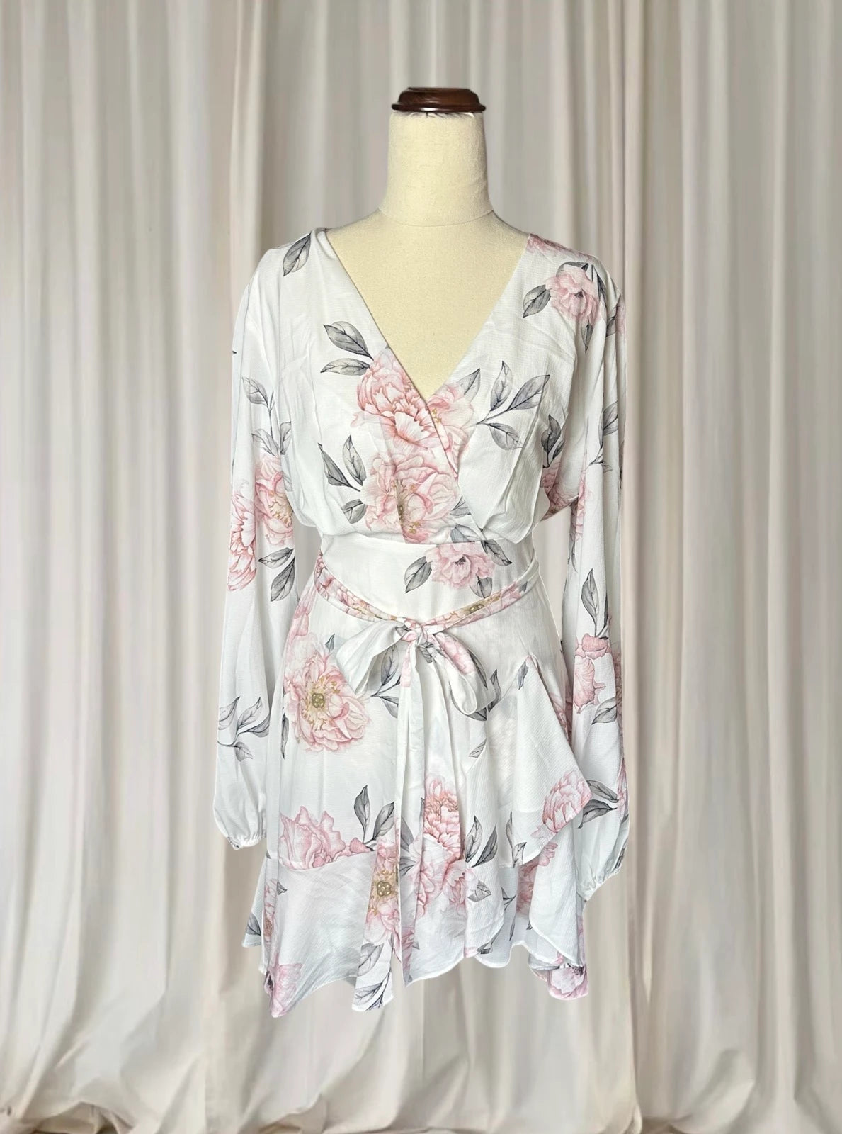 Floral Wrap Mini Dress - Long Sleeve White & Pink With Ruffled Hem M - Image 2