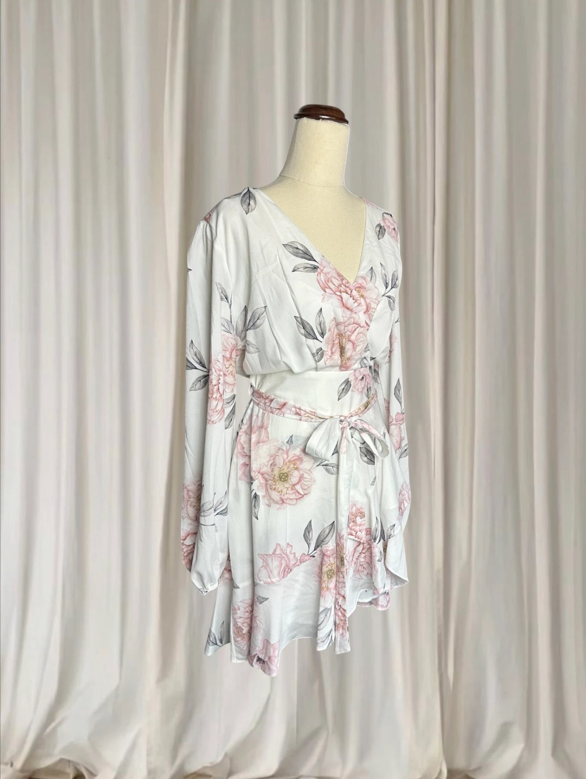 Floral Wrap Mini Dress - Long Sleeve White & Pink With Ruffled Hem M - Image 3