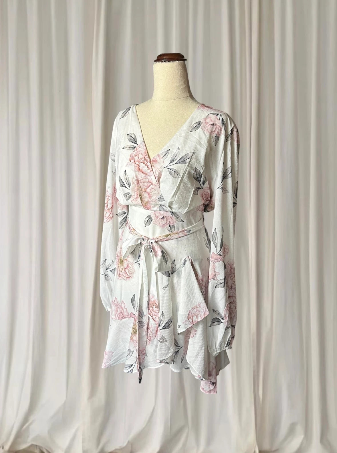 Floral Wrap Mini Dress - Long Sleeve White & Pink With Ruffled Hem M - Image 4