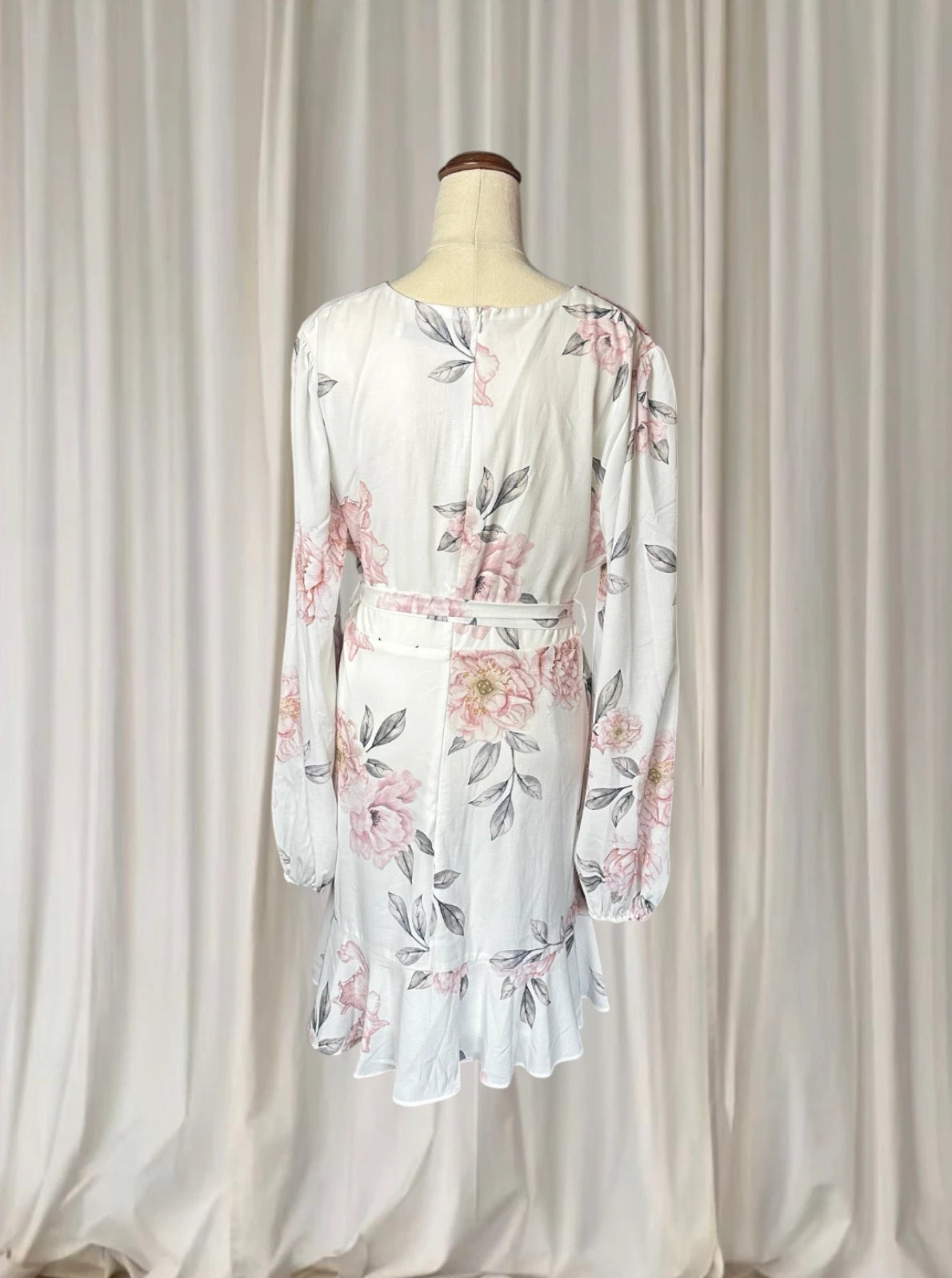 Floral Wrap Mini Dress - Long Sleeve White & Pink With Ruffled Hem M - Image 5