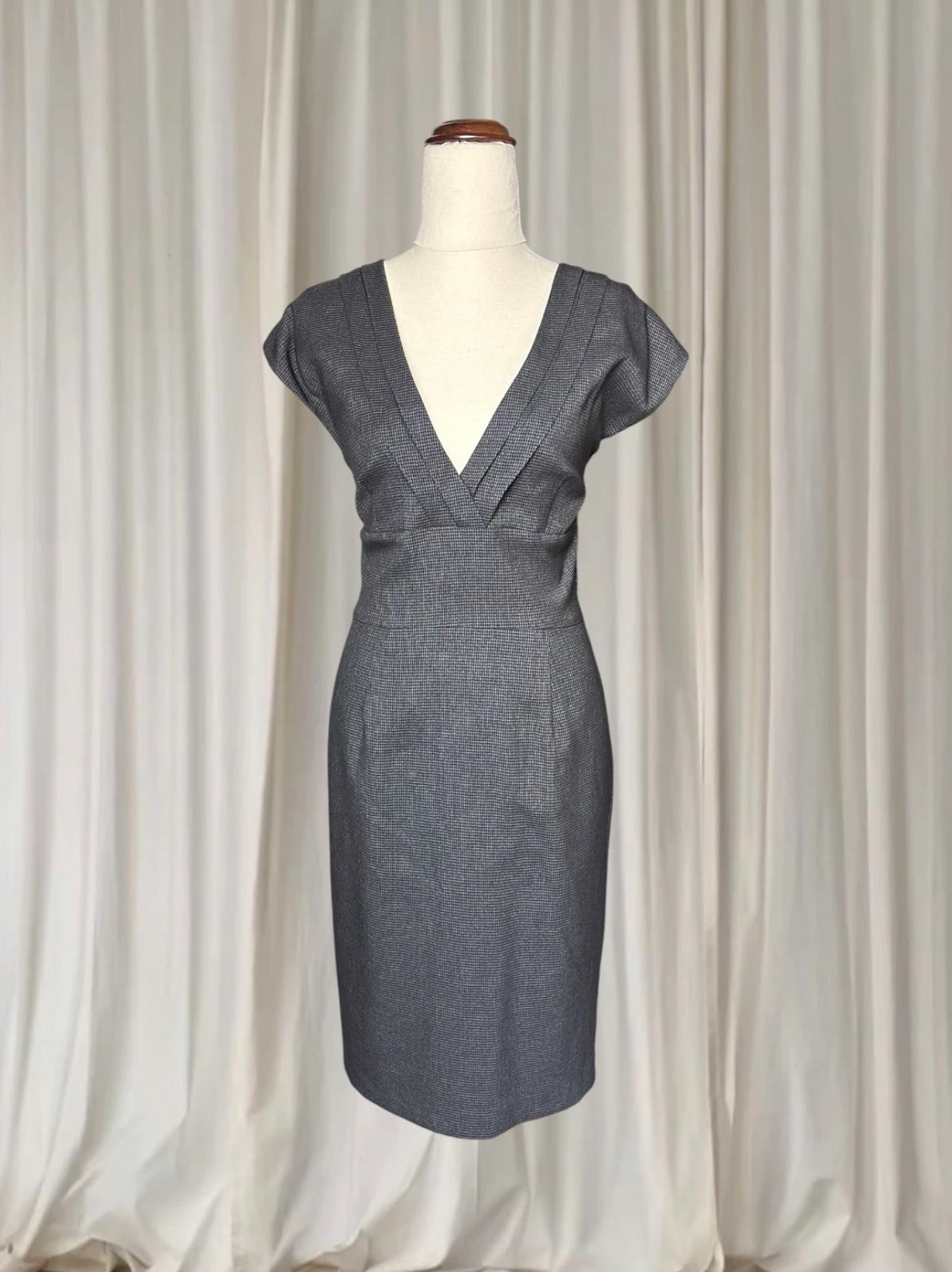 Portmans Grey V-Neck Pencil Dress - Houndstooth Sheath Silhouette AU12 - Image 2
