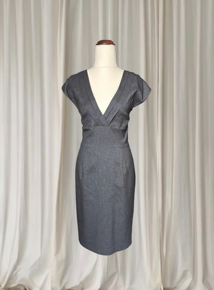 Portmans Grey V-Neck Pencil Dress - Houndstooth Sheath Silhouette AU12 - Image 1