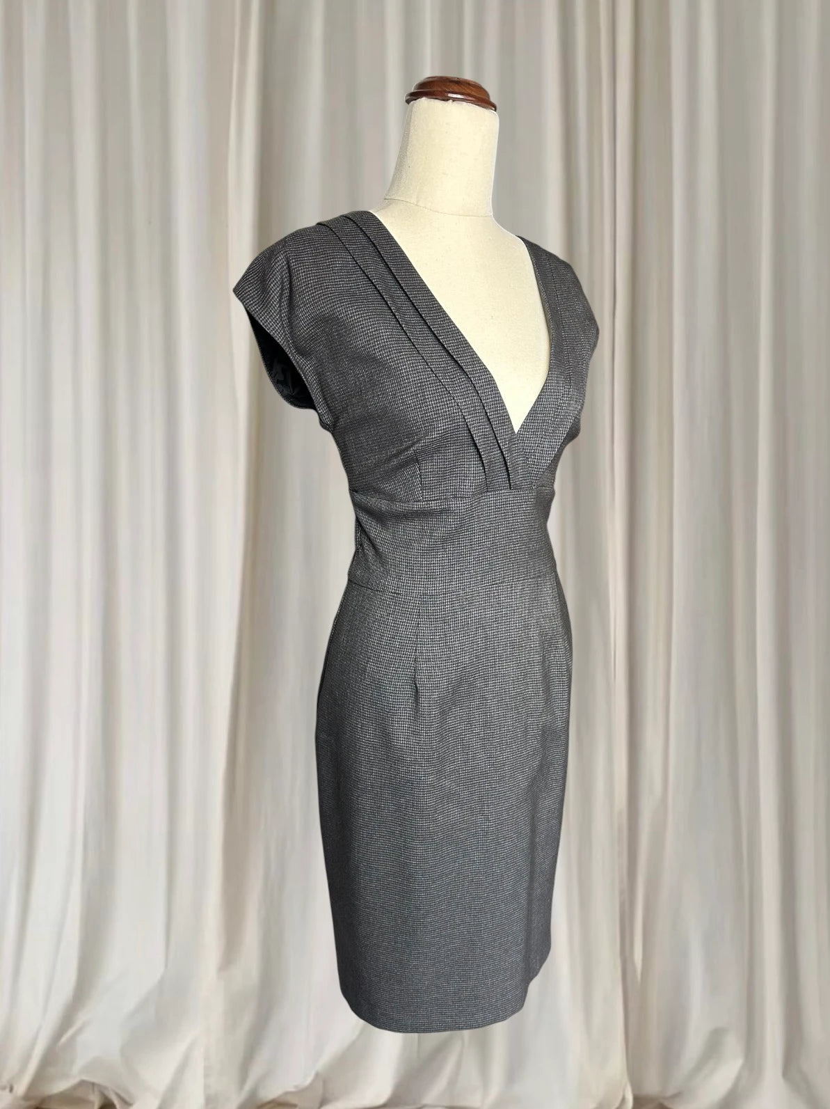 Portmans Grey V-Neck Pencil Dress - Houndstooth Sheath Silhouette AU12 - Image 3