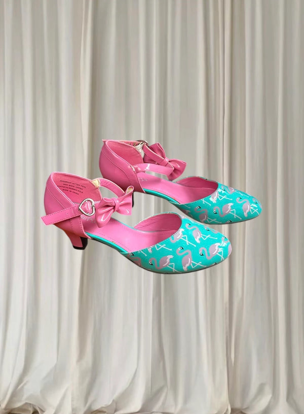 SugarPOP Retro Pink Blue Patent Flamingo Kitten Heels 50s Style AU9 - Image 1