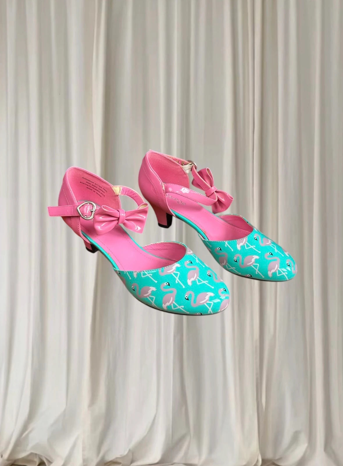 SugarPOP Retro Pink Blue Patent Flamingo Kitten Heels 50s Style AU9 - Image 2