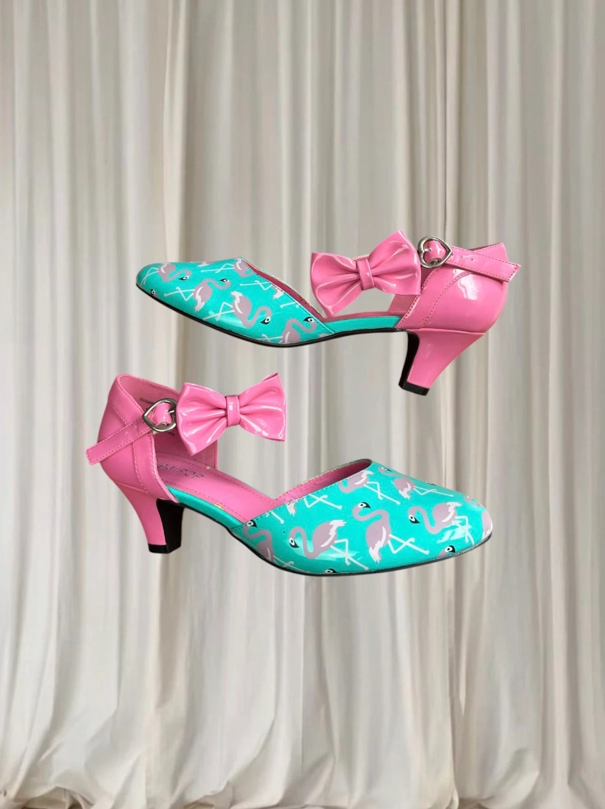 SugarPOP Retro Pink Blue Patent Flamingo Kitten Heels 50s Style AU9 - Image 3