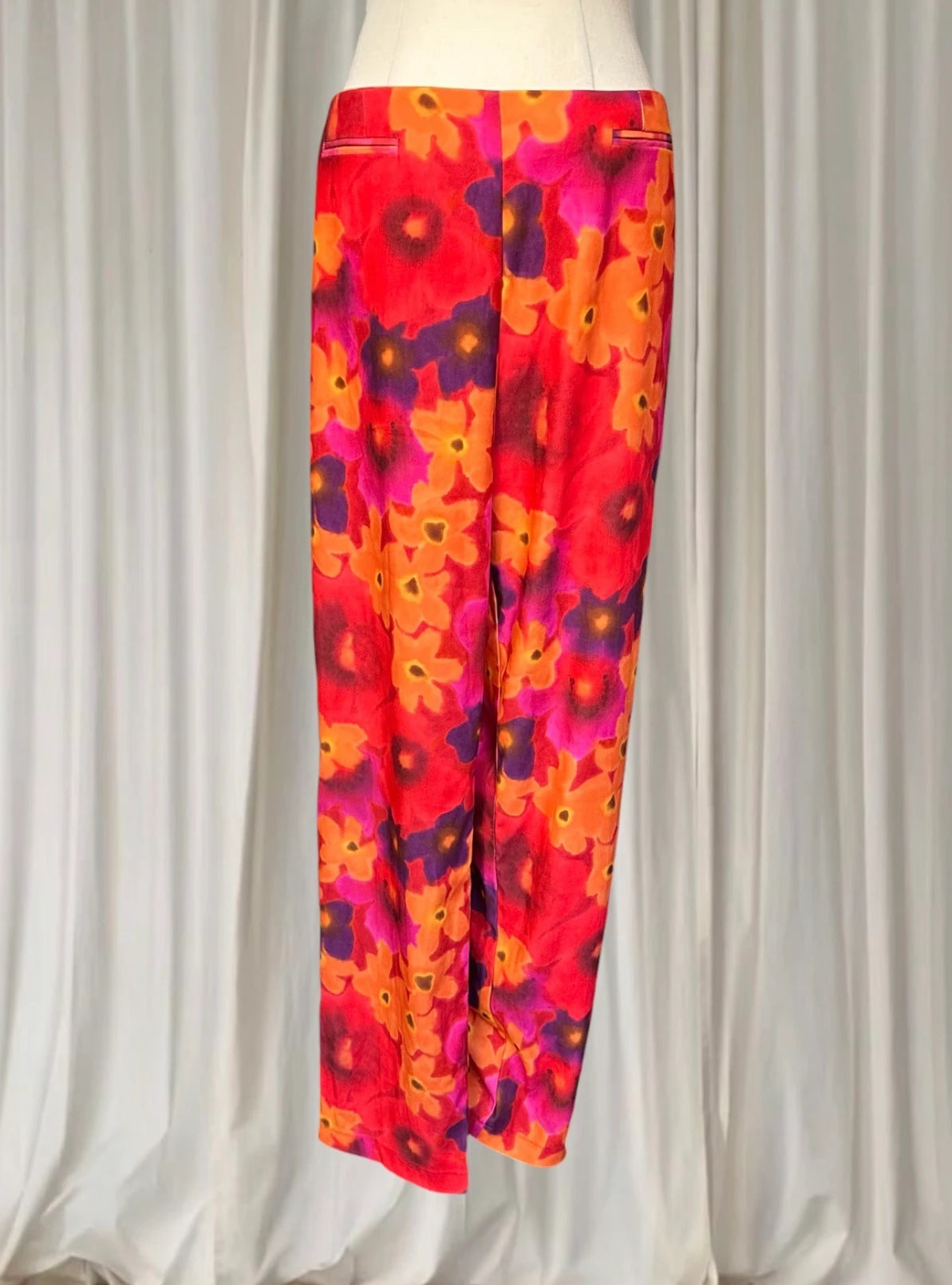 Vintage Floral Print Trousers - Vibrant Orange and Purple Pants Women's AU16 - Image 2
