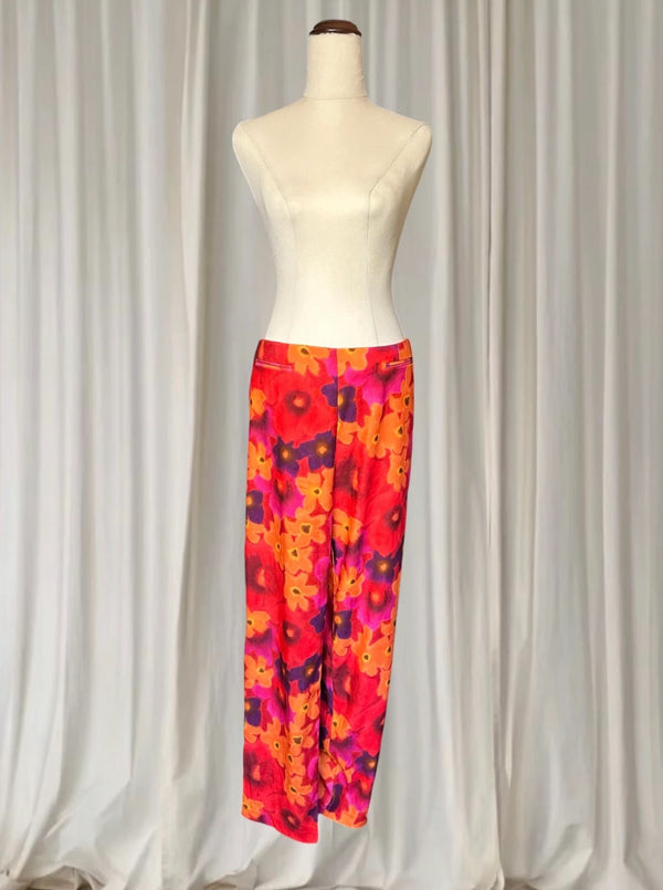 Vintage Floral Print Trousers - Vibrant Orange and Purple Pants Women's AU16 - Image 1