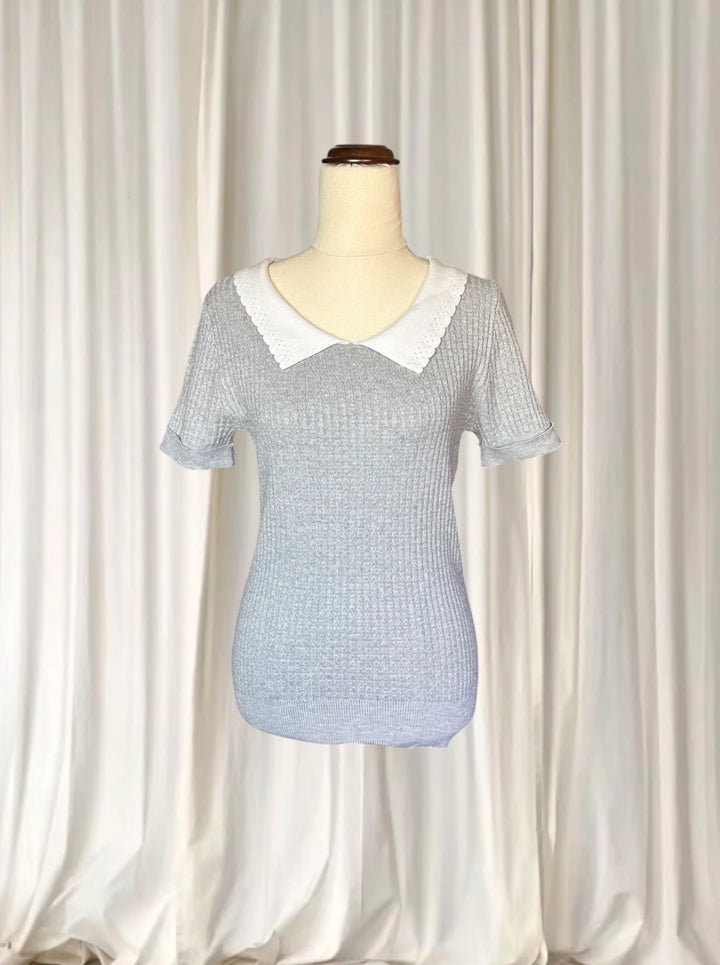 Review Grey Ribbed Knit Top - Short Sleeve With Peter Pan Collar AU10 - Image 1
