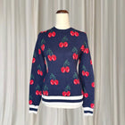 Cherry Print Y2K Sweater - Navy Red Knit Pullover Top S-M - Image 1