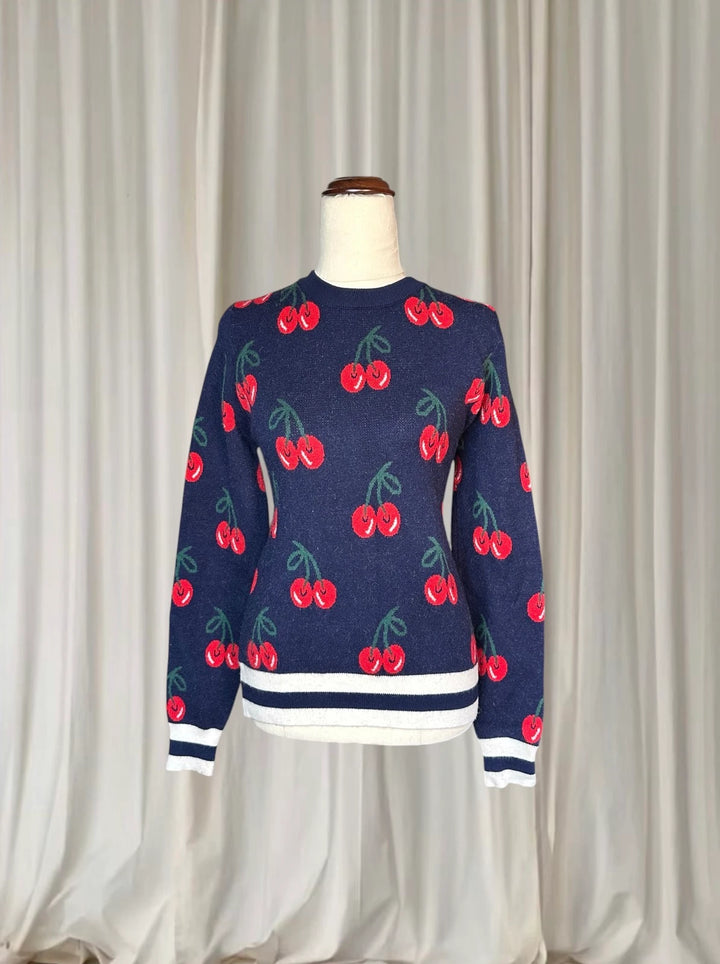 Cherry Print Y2K Sweater - Navy Red Knit Pullover Top S-M - Image 1