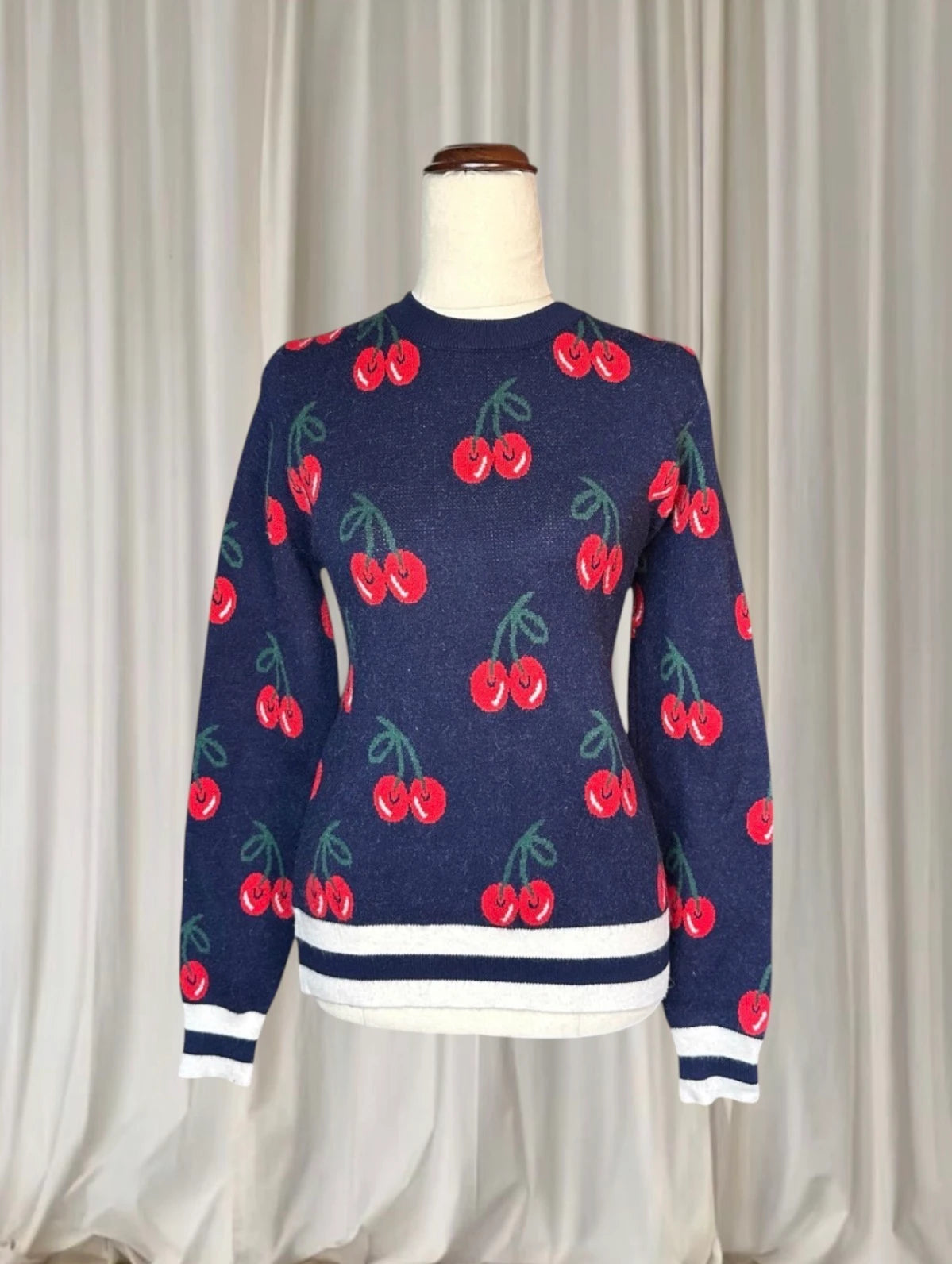 Cherry Print Y2K Sweater - Navy Red Knit Pullover Top S-M - Image 2
