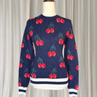Cherry Print Y2K Sweater - Navy Red Knit Pullover Top S-M - Image 2