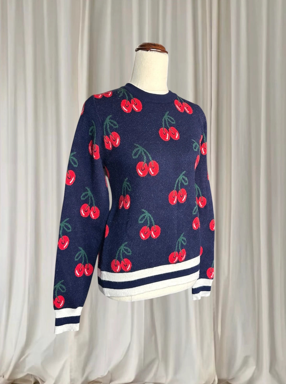 Cherry Print Y2K Sweater - Navy Red Knit Pullover Top S-M - Image 3
