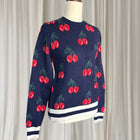 Cherry Print Y2K Sweater - Navy Red Knit Pullover Top S-M - Image 3
