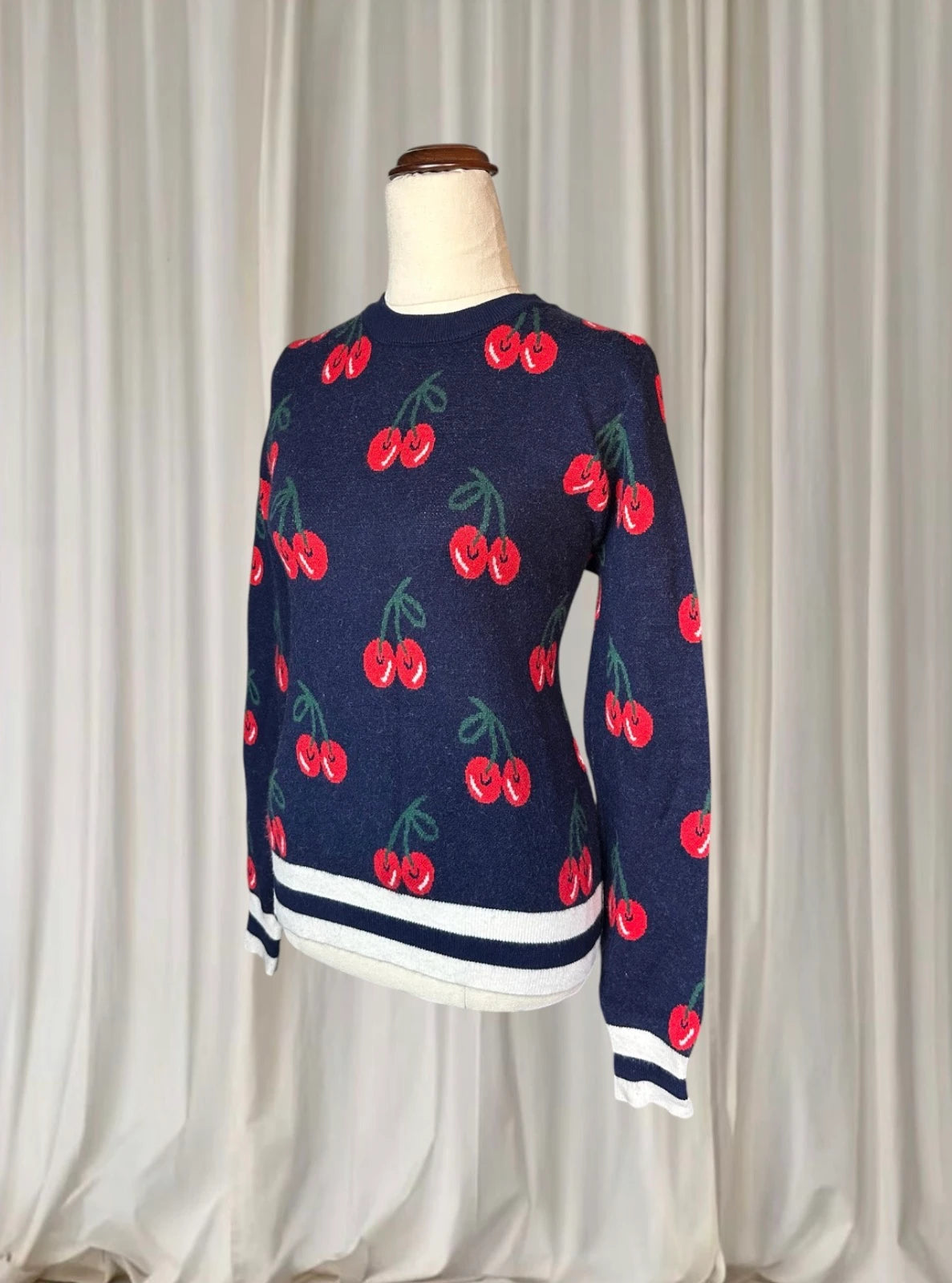 Cherry Print Y2K Sweater - Navy Red Knit Pullover Top S-M - Image 4