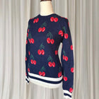 Cherry Print Y2K Sweater - Navy Red Knit Pullover Top S-M - Image 4
