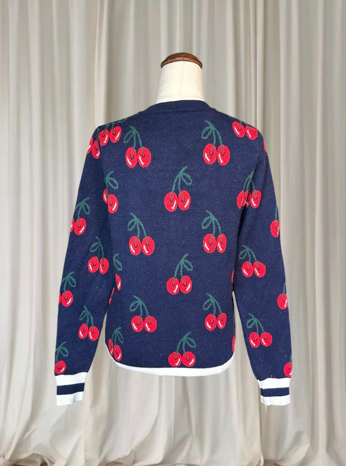 Cherry Print Y2K Sweater - Navy Red Knit Pullover Top S-M - Image 5