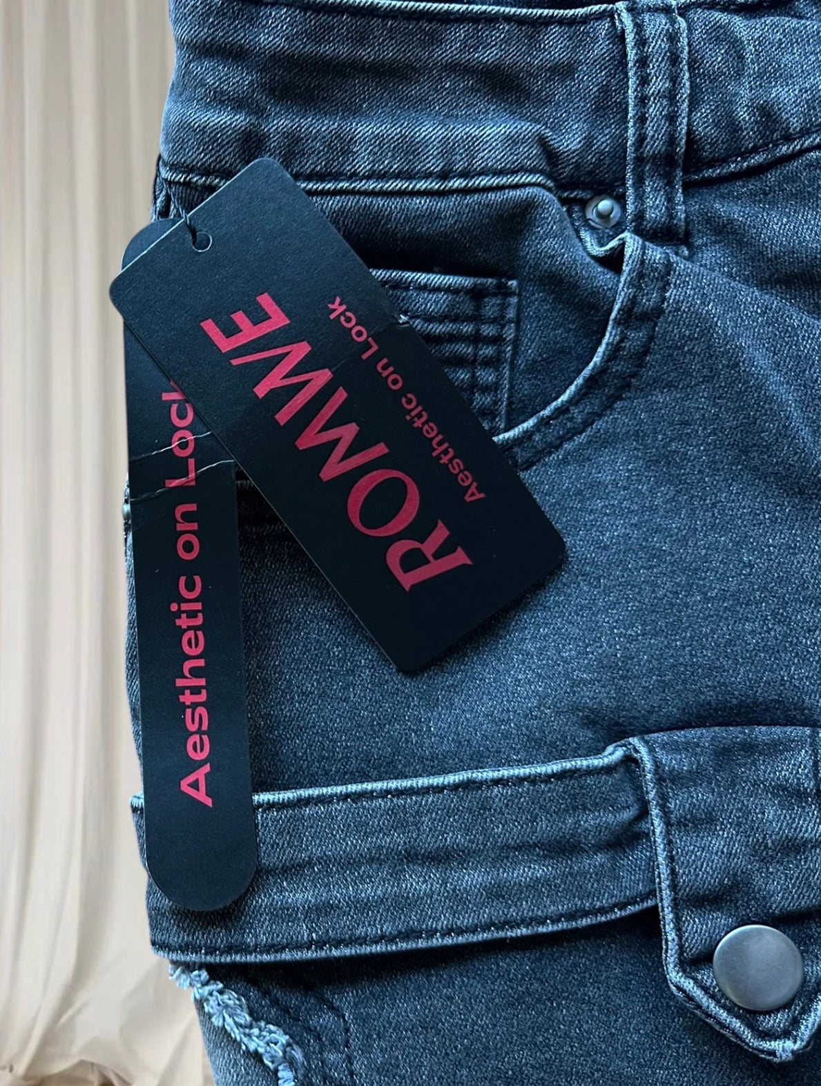 Grunge Black Denim Cargo Mini Skirt - Vintage Style BNWT L - Image 9