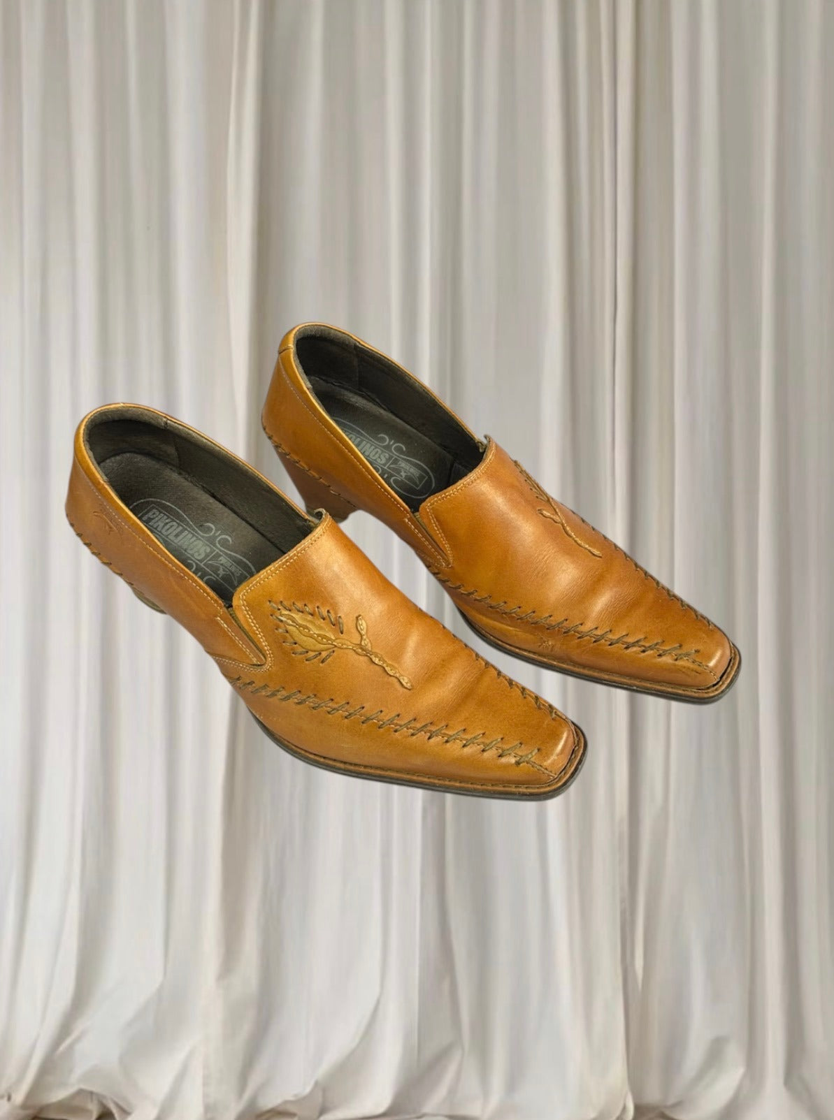 Pikolinos Leather Western Loafer Heel Boots - Tan Embroidered Block Heel - Image 2