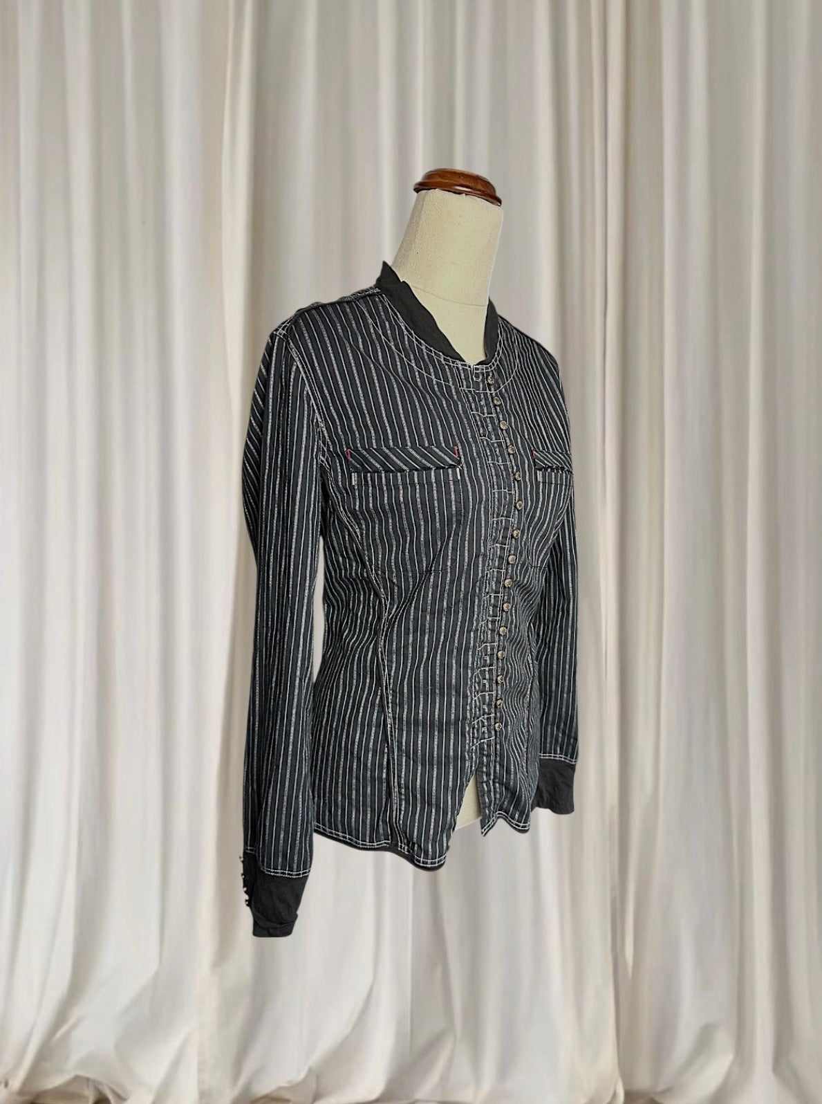 Verge Punk Grunge PinStriped Blouse - Hook and Eye Front Detail M - Image 3
