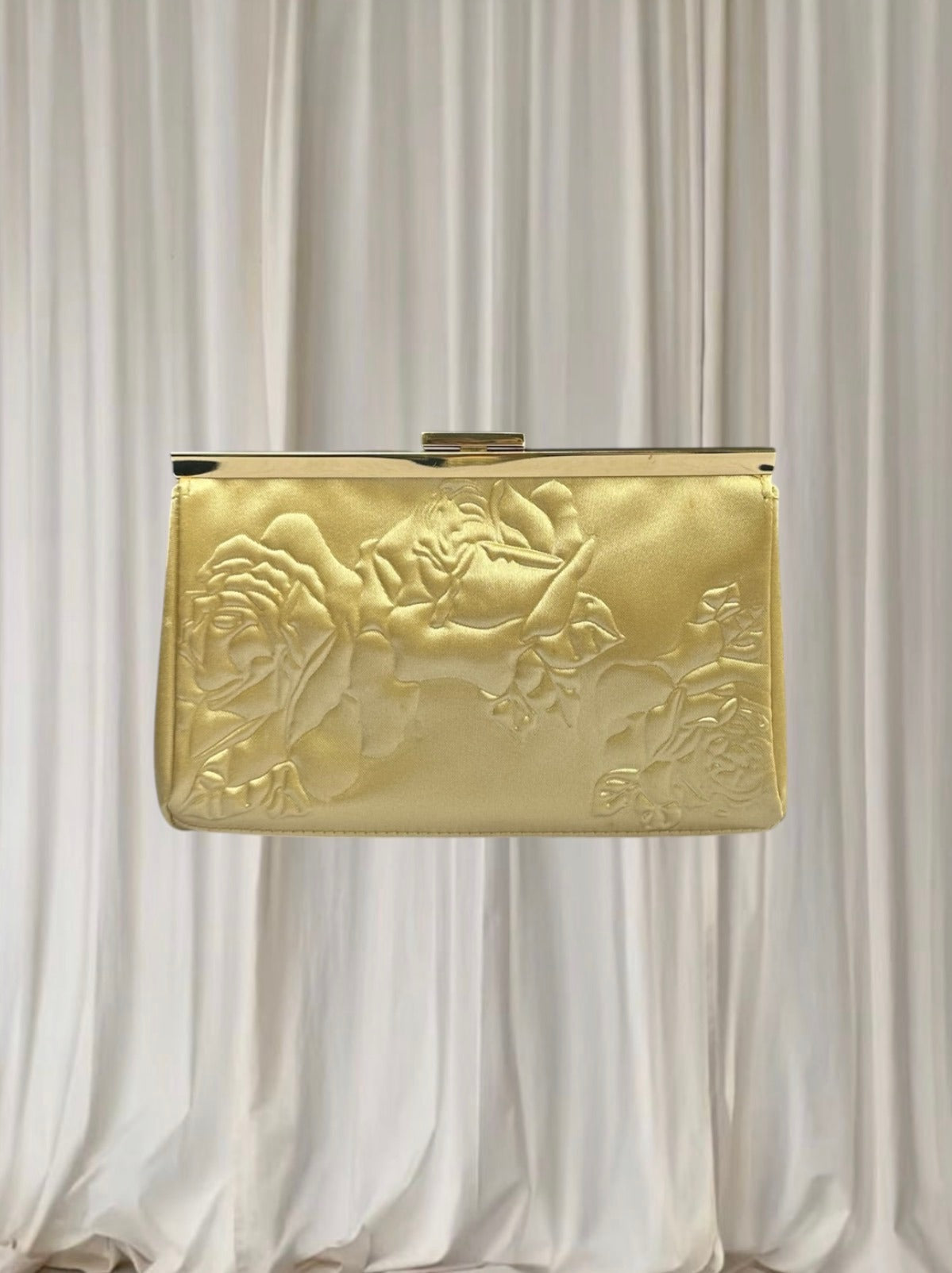 Estee Lauder Vintage Clutch - Gold Satin Rose Embossed Evening Bag - Image 2