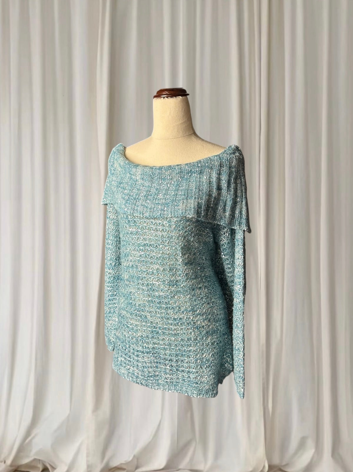 Metallic Off-the-Shoulder Knit Sweater - Blue Silver Women's M - Image 5