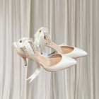 Crystal Queen White Pearl Ribbon Heels - Ankle Strap Pointed-Toe Heels 38 - Image 2