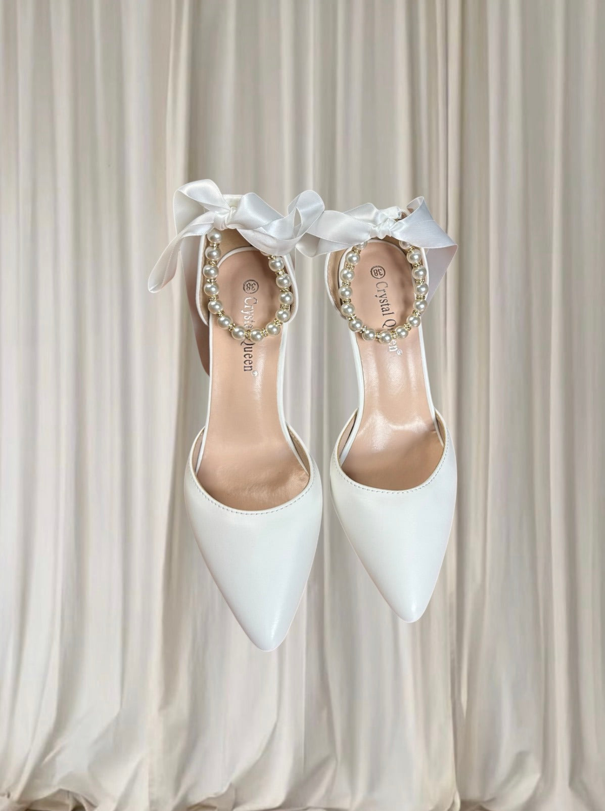 Crystal Queen Stiletto Heels - White Pearl And Ribbon Bridal Design 38 New - Image 3