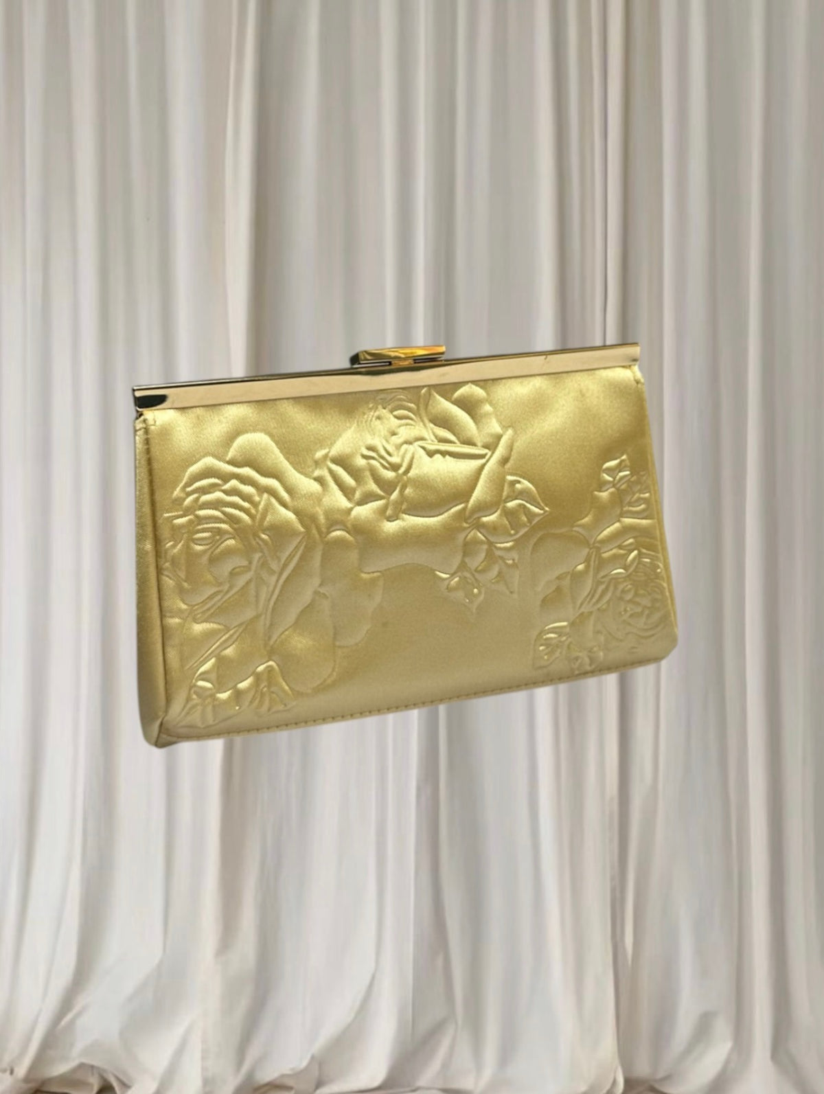 Estee Lauder Vintage Clutch - Gold Satin Rose Embossed Evening Bag - Image 3