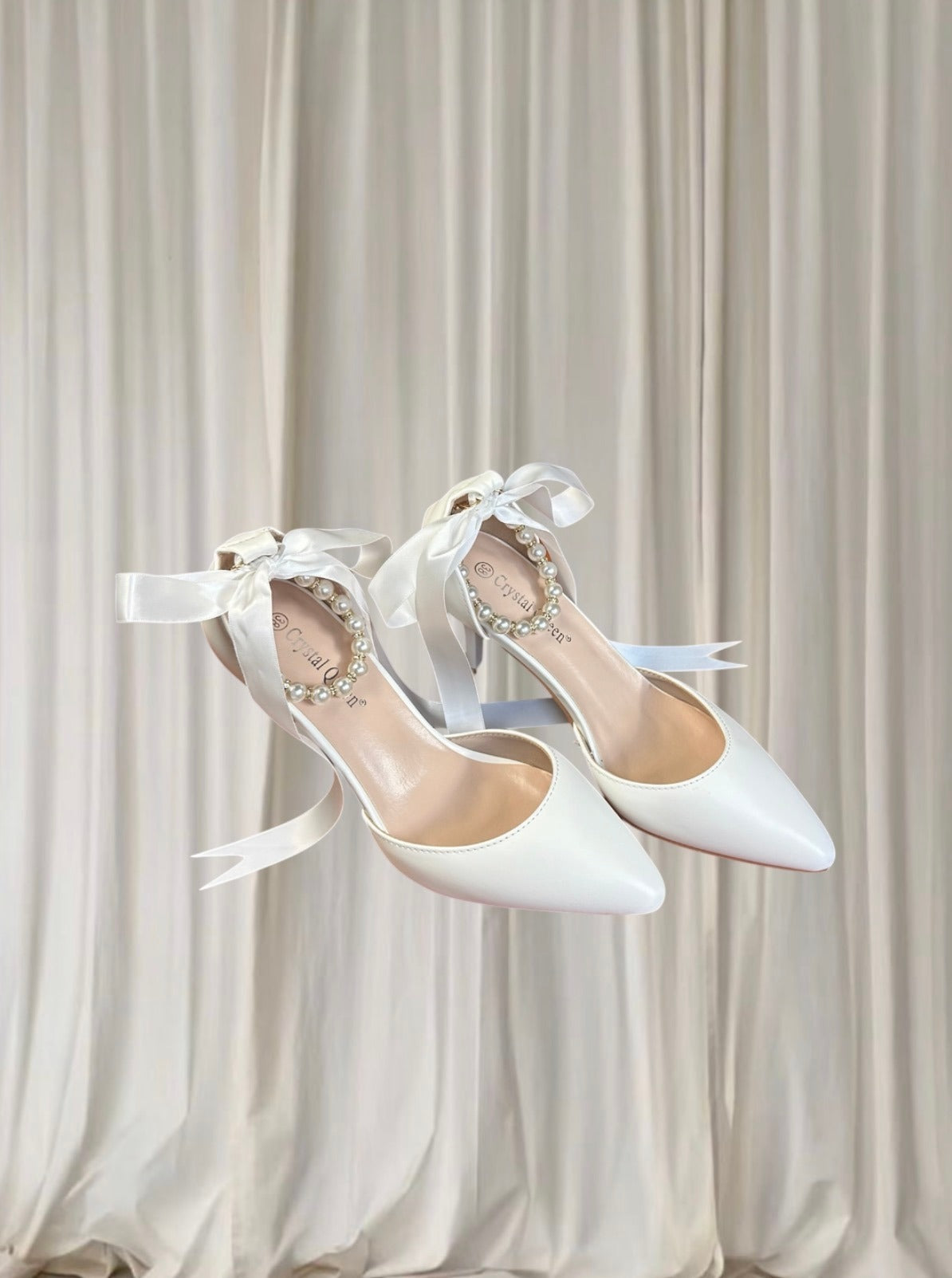 Crystal Queen White Pearl Ribbon Heels - Ankle Strap Pointed-Toe Heels 38 - Image 1