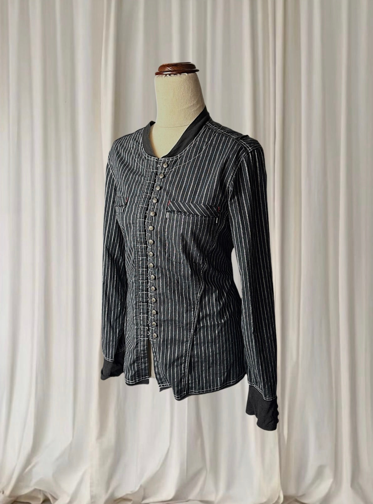 Verge Punk Grunge PinStriped Blouse - Hook and Eye Front Detail M - Image 4