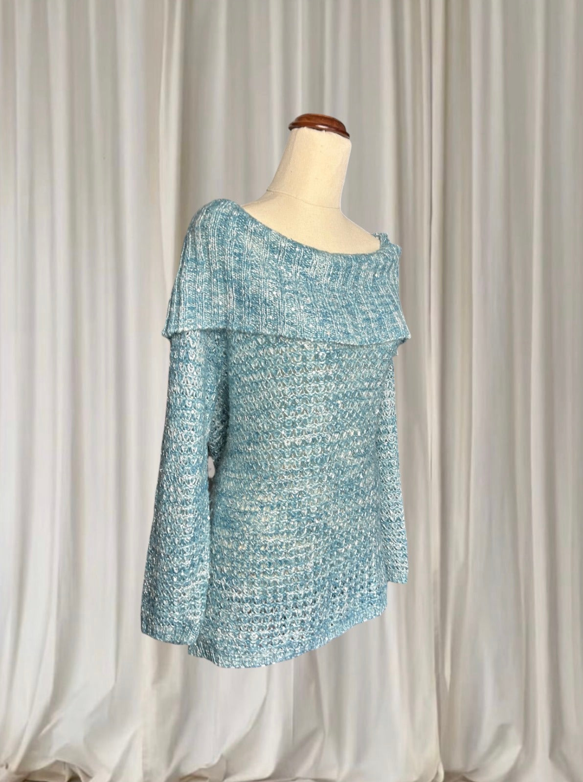 Metallic Off-the-Shoulder Knit Sweater - Blue Silver Women's M - Image 4