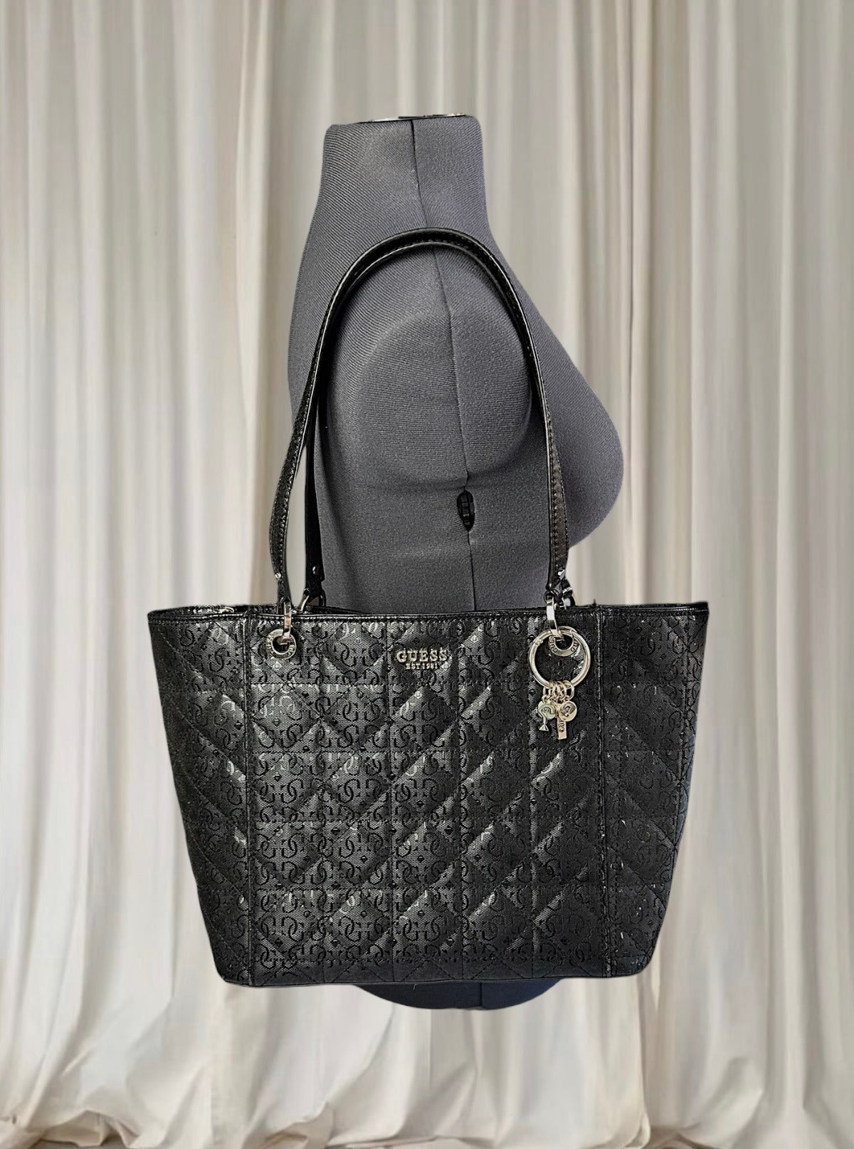 Guess Large Tote Handbag - Quilted Black Shoulder Bag - Image 2