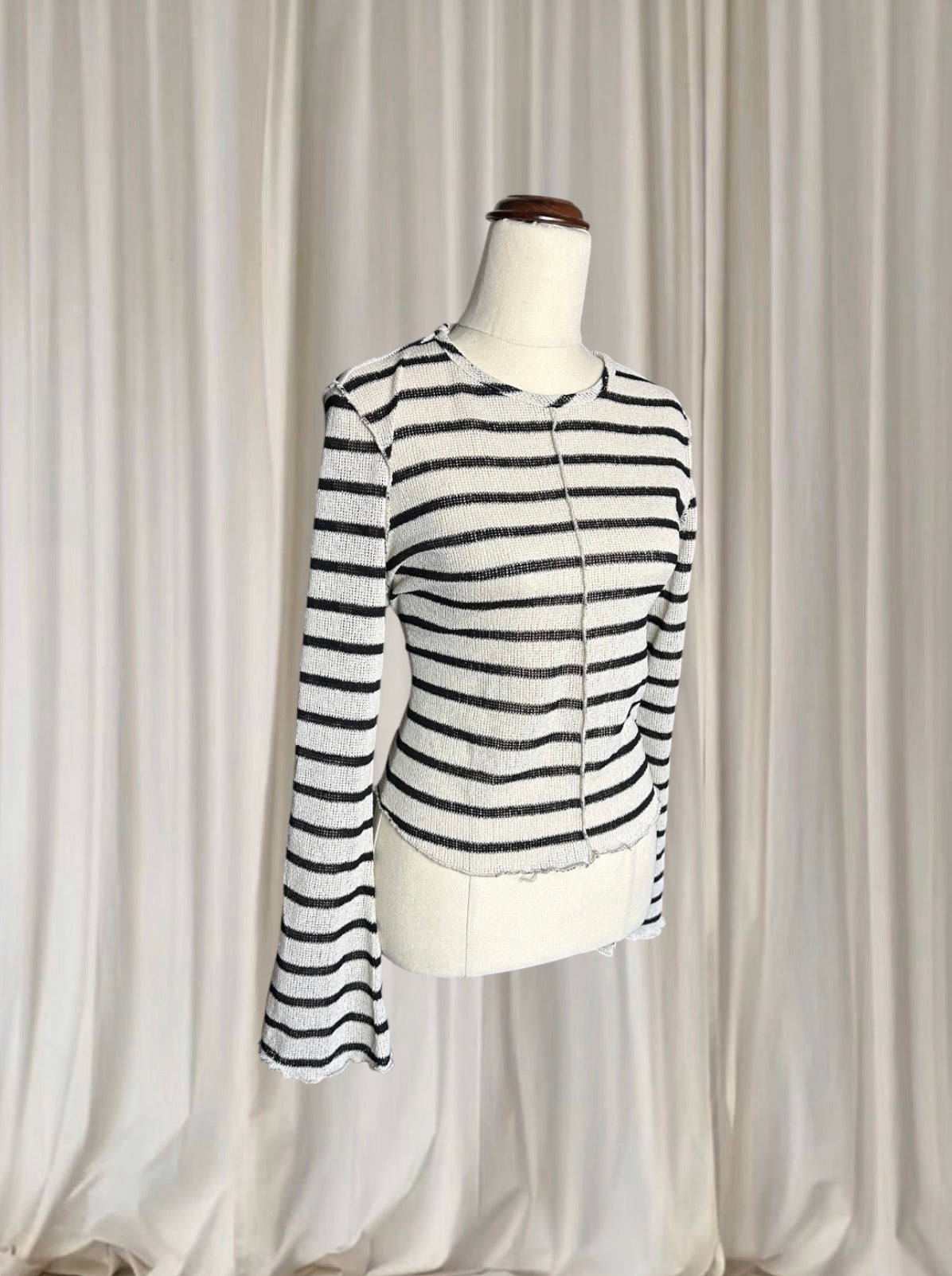 &Me Striped Raw Edge Knit Long Sleeve Top - Black And Cream - Image 3