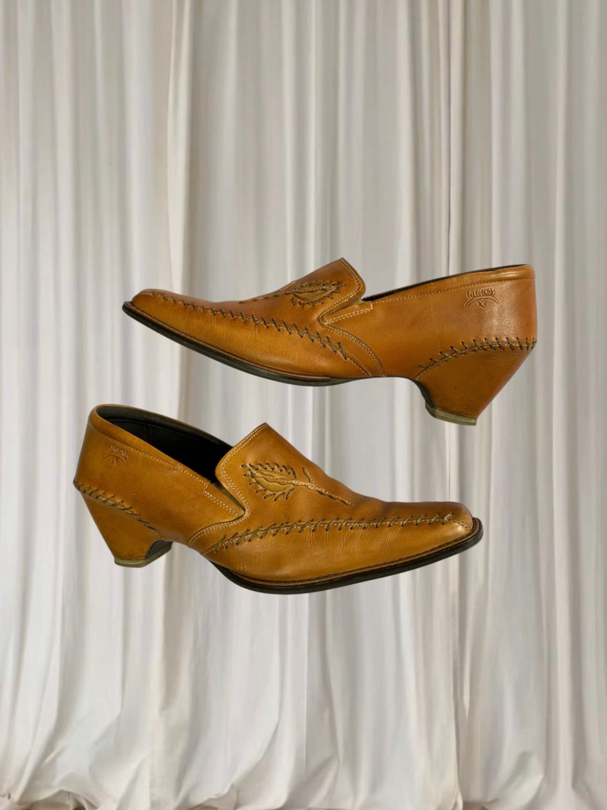 Pikolinos Leather Western Loafer Heel Boots - Tan Embroidered Block Heel - Image 4