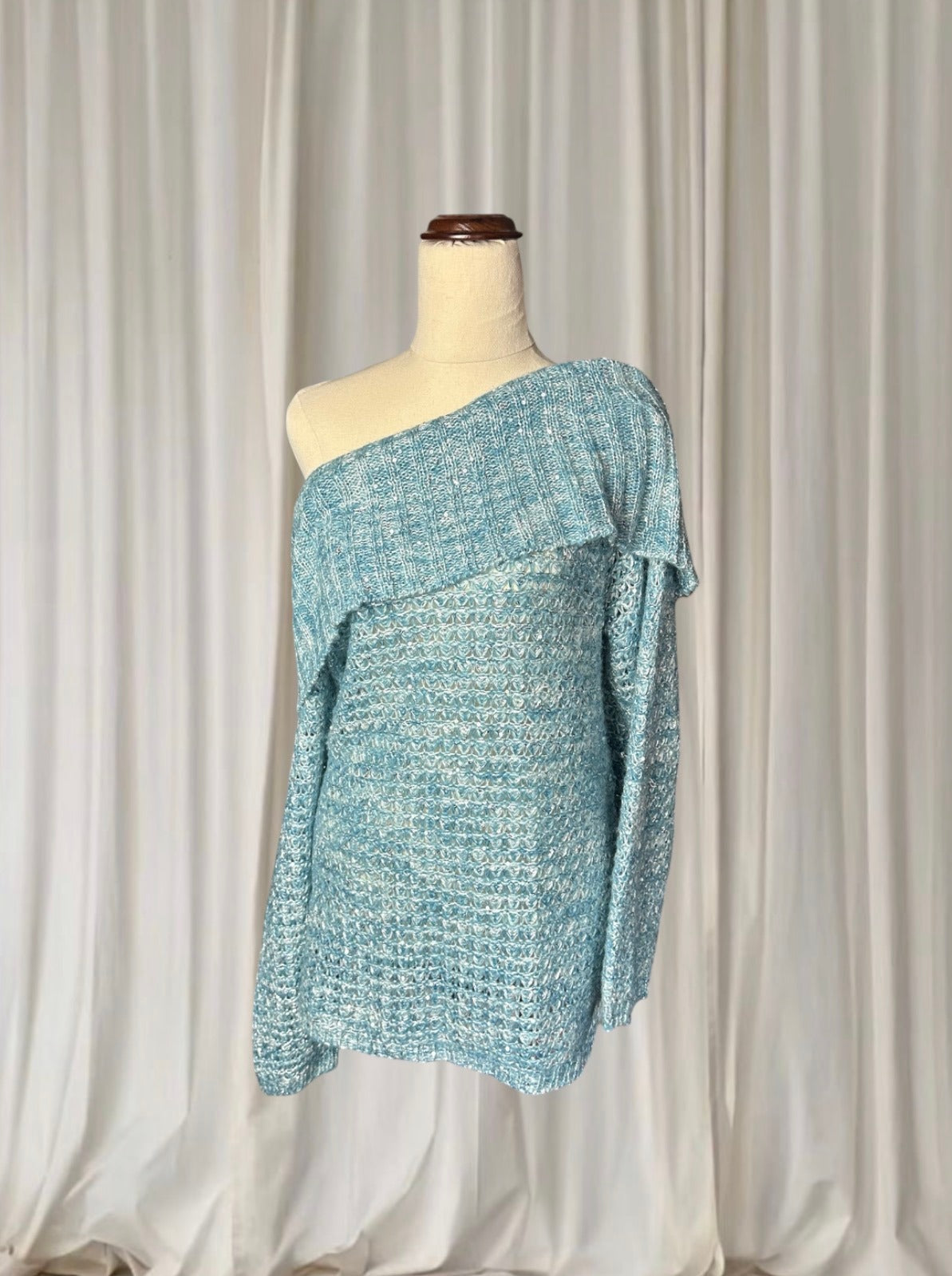Metallic Off-the-Shoulder Knit Sweater - Blue Silver Women's M - Image 2