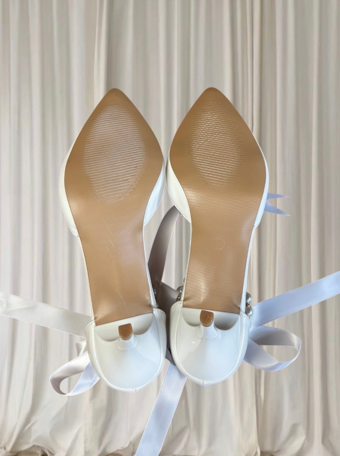 Crystal Queen White Pearl Ribbon Heels - Ankle Strap Pointed-Toe Heels 38 - Image 7