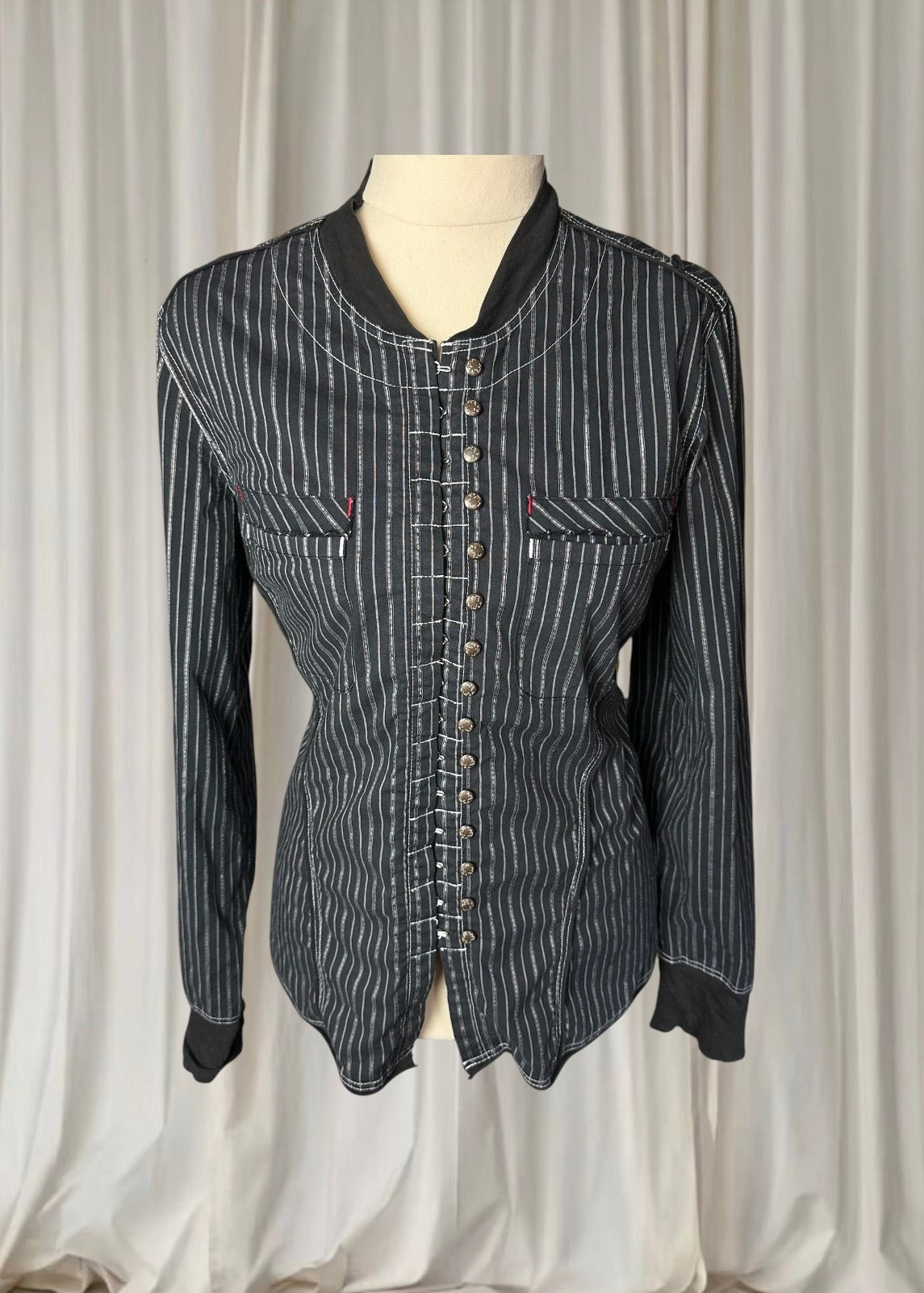 Verge Punk Grunge PinStriped Blouse - Hook and Eye Front Detail M - Image 2
