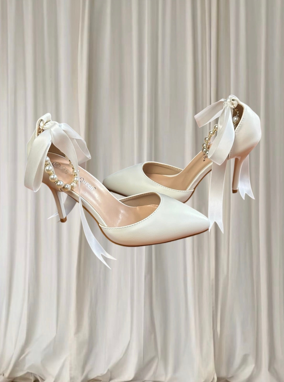 Crystal Queen Stiletto Heels - White Pearl And Ribbon Bridal Design 38 New - Image 4
