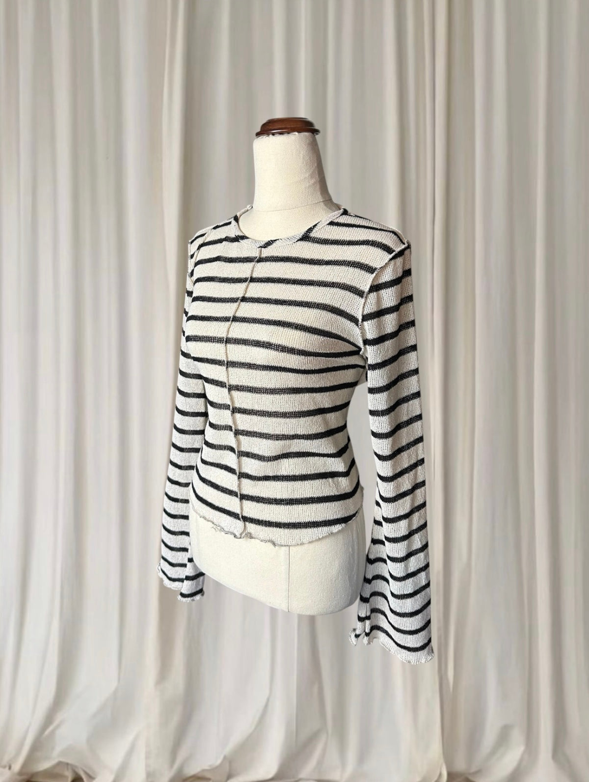 &Me Striped Raw Edge Knit Long Sleeve Top - Black And Cream - Image 4