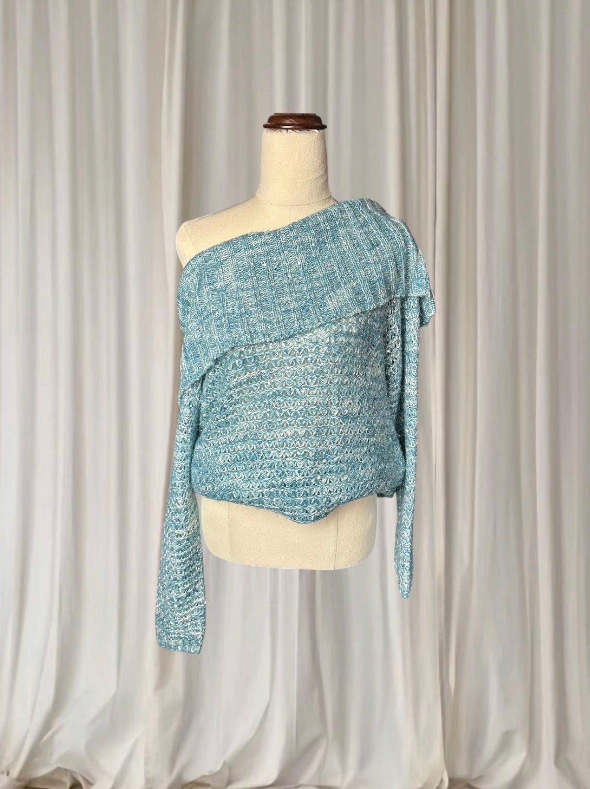 Metallic Off-the-Shoulder Knit Sweater - Blue Silver Women's M - Image 3