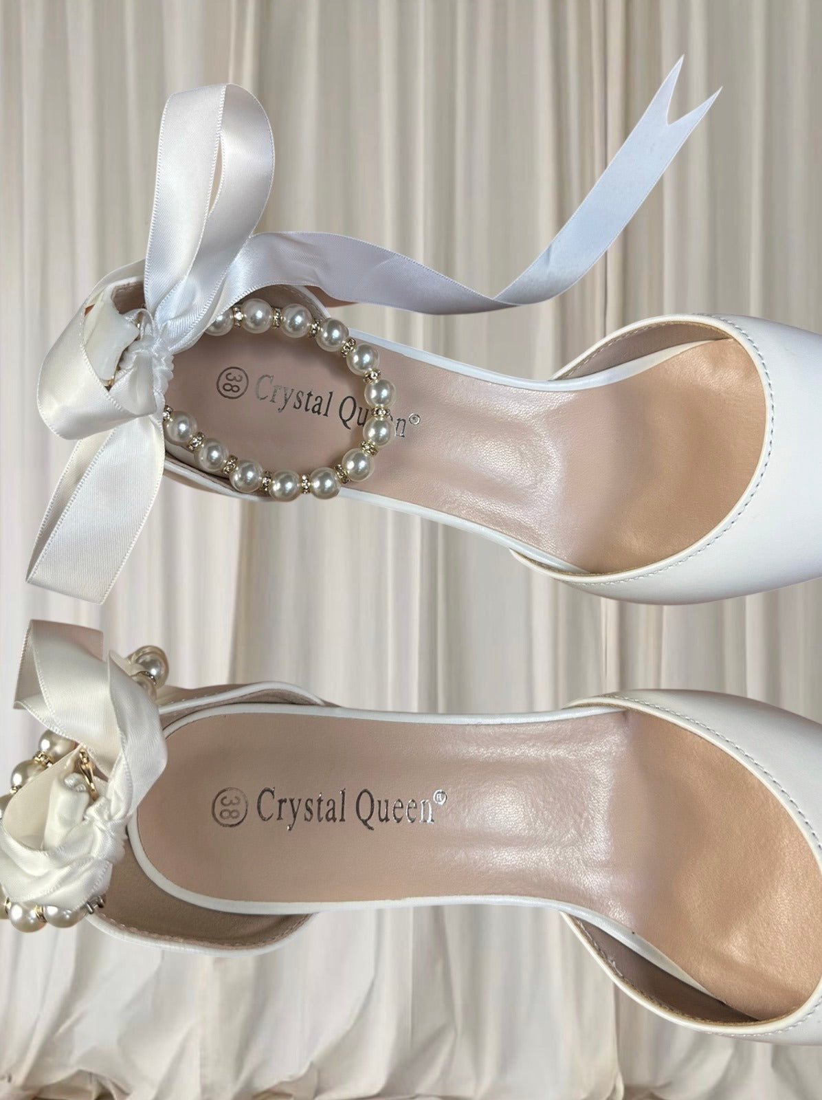 Crystal Queen White Pearl Ribbon Heels - Ankle Strap Pointed-Toe Heels 38 - Image 6